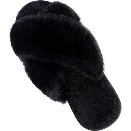 

QWZNDZGR Fuzzy House Slippers for Women Cross Band Fluffy Bedroom Slippers with Arch Support