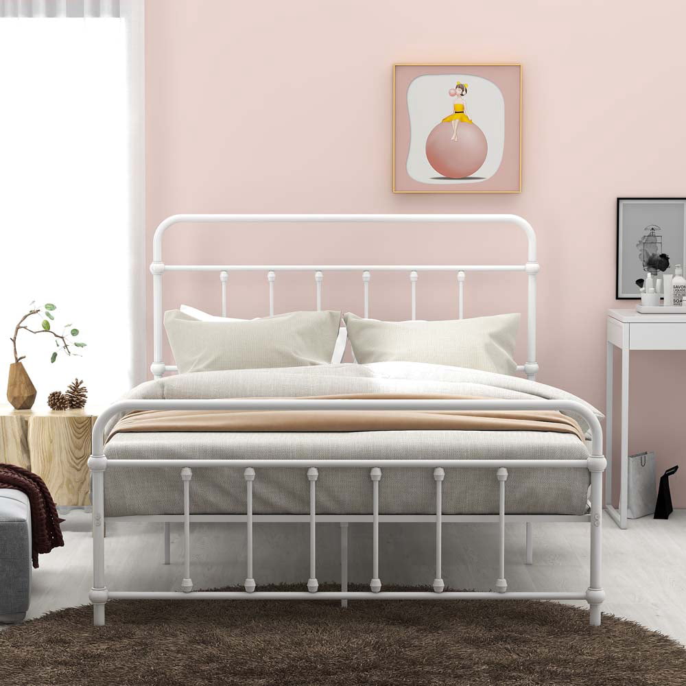 Full Platform Bed Frame, White Full Metal Bed Frame with Headboard and