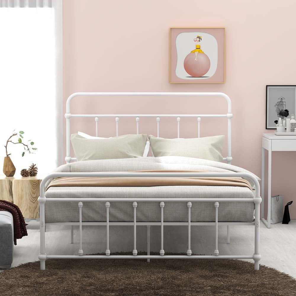 Full Platform Bed Frame, White Full Metal Bed Frame with Headboard and