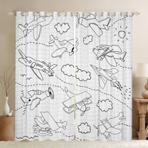 jejeloiu Aircraft Flying Blackout Curtains Set of 2 (52x84 Each),Cartoon Airplane Print Window Curtains,White Black Stripes Plaid Curtains and Drapes For Boys,Luxury Bedroom Decor