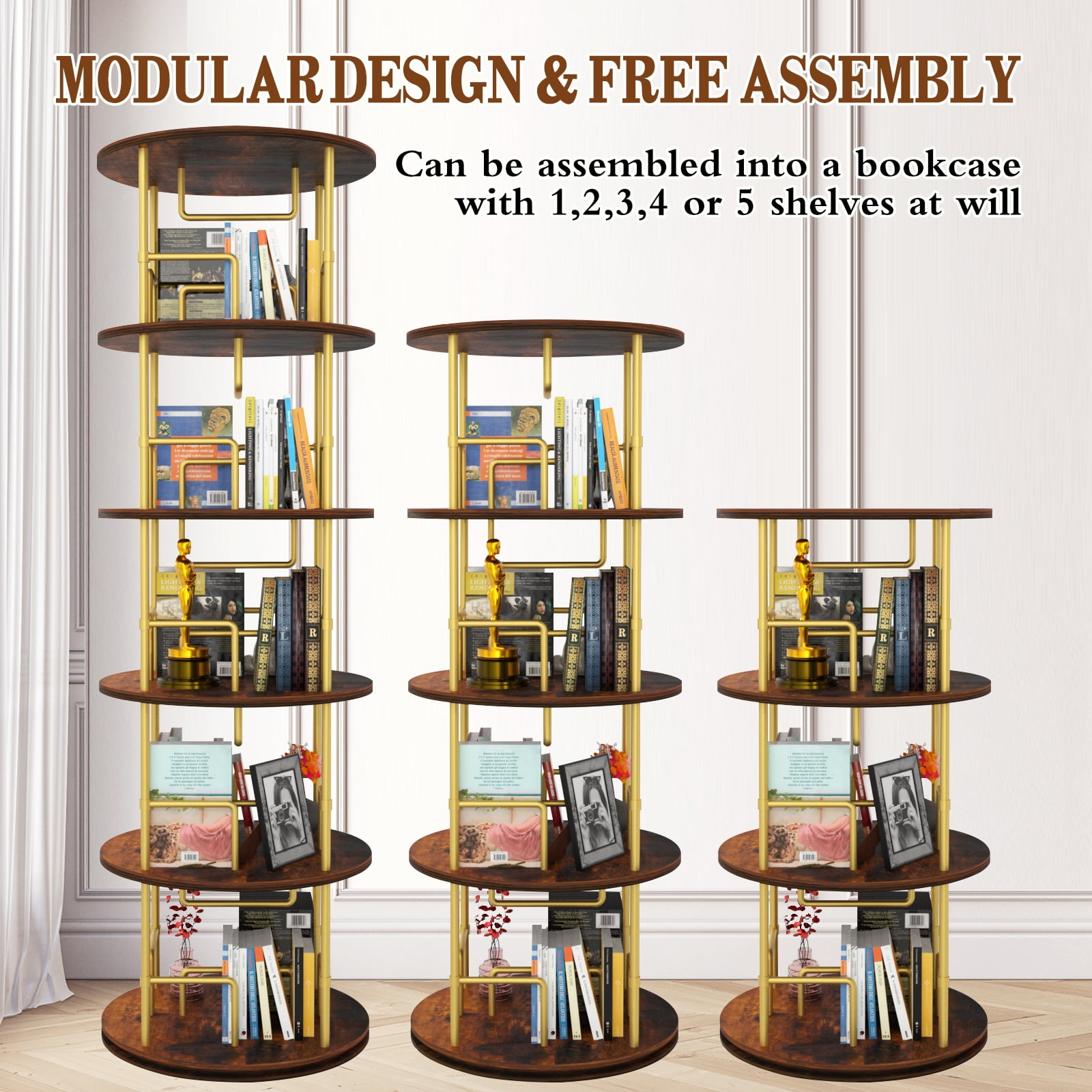 PORKISS 5 Tier Rotating Bookshelf, 360° Display Rotating Bookcase Corner Storage Rack with Partition Storage, Round Spinning Bookshelf for Office Living Room, Golden