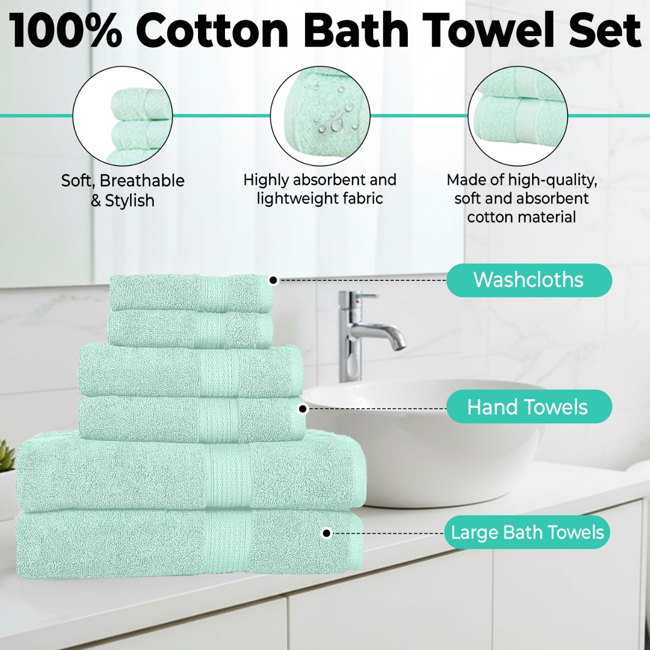 KAHAF COLLECTION 6 Piece Towel Set Aqua – 100% Ringspun Cotton Soft & Highly Absorbent – Includes 2 Bath Towels, 2 Hand Towels & 2 Washcloths – Quick Dry, Durable, and Luxurious Bathroom Essentials