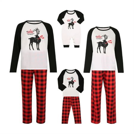 

Christmas Family Matching Outfit Reindeer Tops + Red Plaid Trousers Pajamas Set