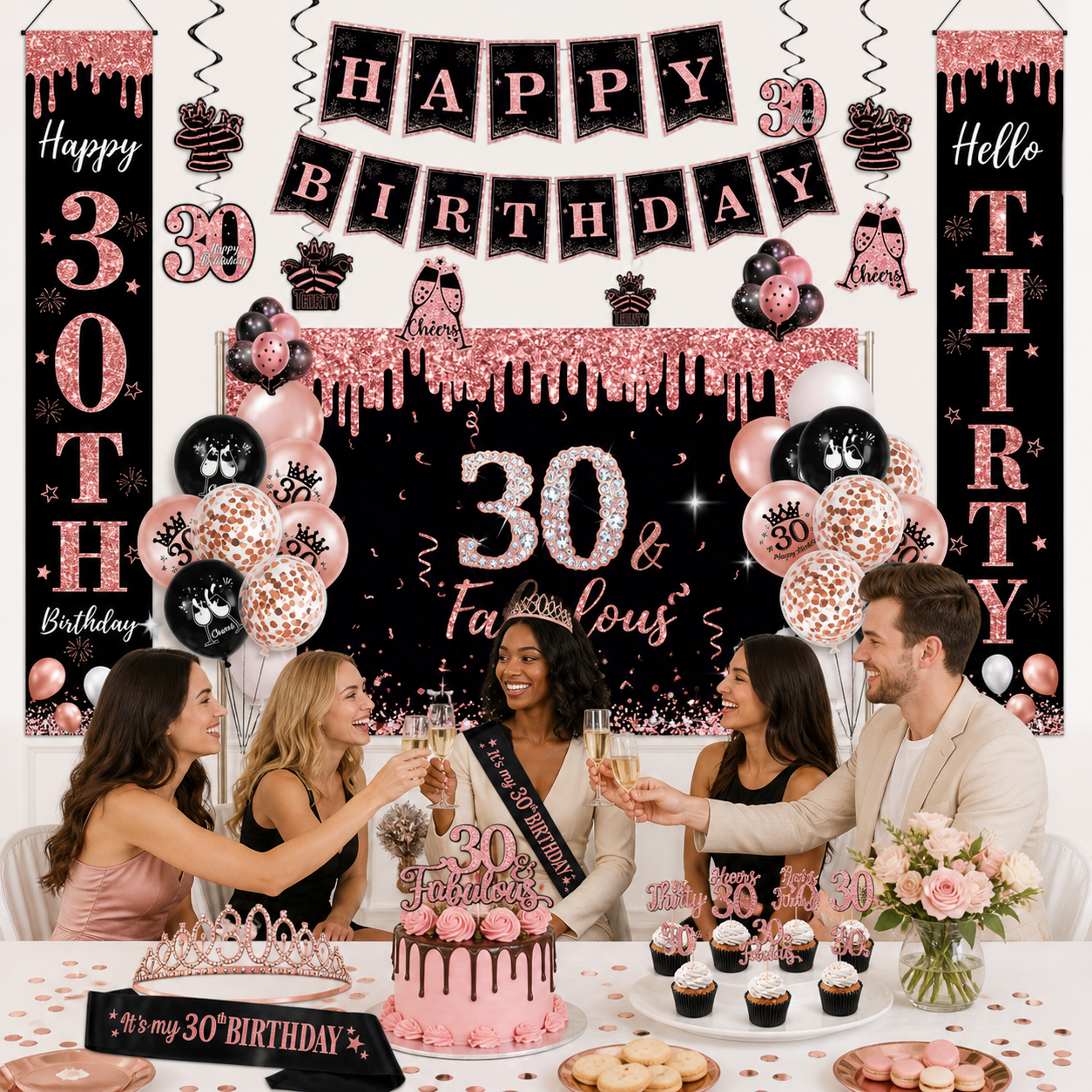 Happy Greetings 30th Birthday Party Kit, Rose Gold & Black, 45-Piece photo 5