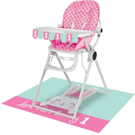 1st Birthday Bunny (3 1/2"L x 21"W) Banner High Chair Kit X (30"L x 48"W) Plastic Floor Mat
