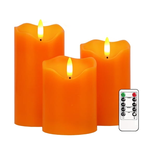 Flameless LED Candles, Set of 3 – Orange Flickering Pillar Candles with Remote & Timer, Dimmable Battery Operated Electric Candles for Fall, Halloween & Thanksgiving Decor