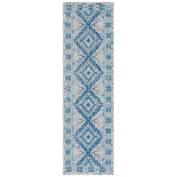 SAFAVIEH Courtyard Davin Geometric Indoor/Outdoor Runner Rug, Light Grey/Blue, 2'3" x 6'7"