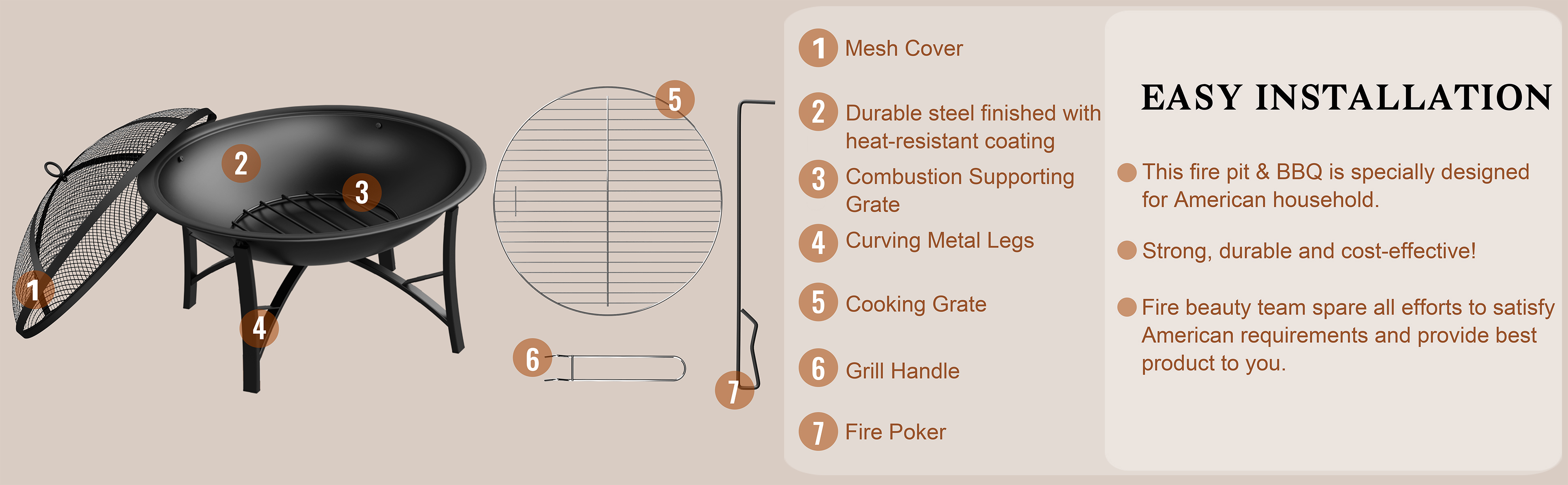 Fire Beauty 22" Outdoor Fire Pit – Heavy Duty Steel Wood Burning Fire Bowl with Cooking Grate & Spark Screen – Includes Log Grate & Poker for Camping, Beach, Backyard (Black)​