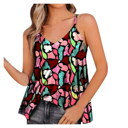 

JDEFEG Big and Tall Tops Women s Sleeveless Printed Sling Comfortable V-Neck Top Cotton Camisoles Women Lingerie for Women Womens Pajama Sets Polyester Red Xxxl