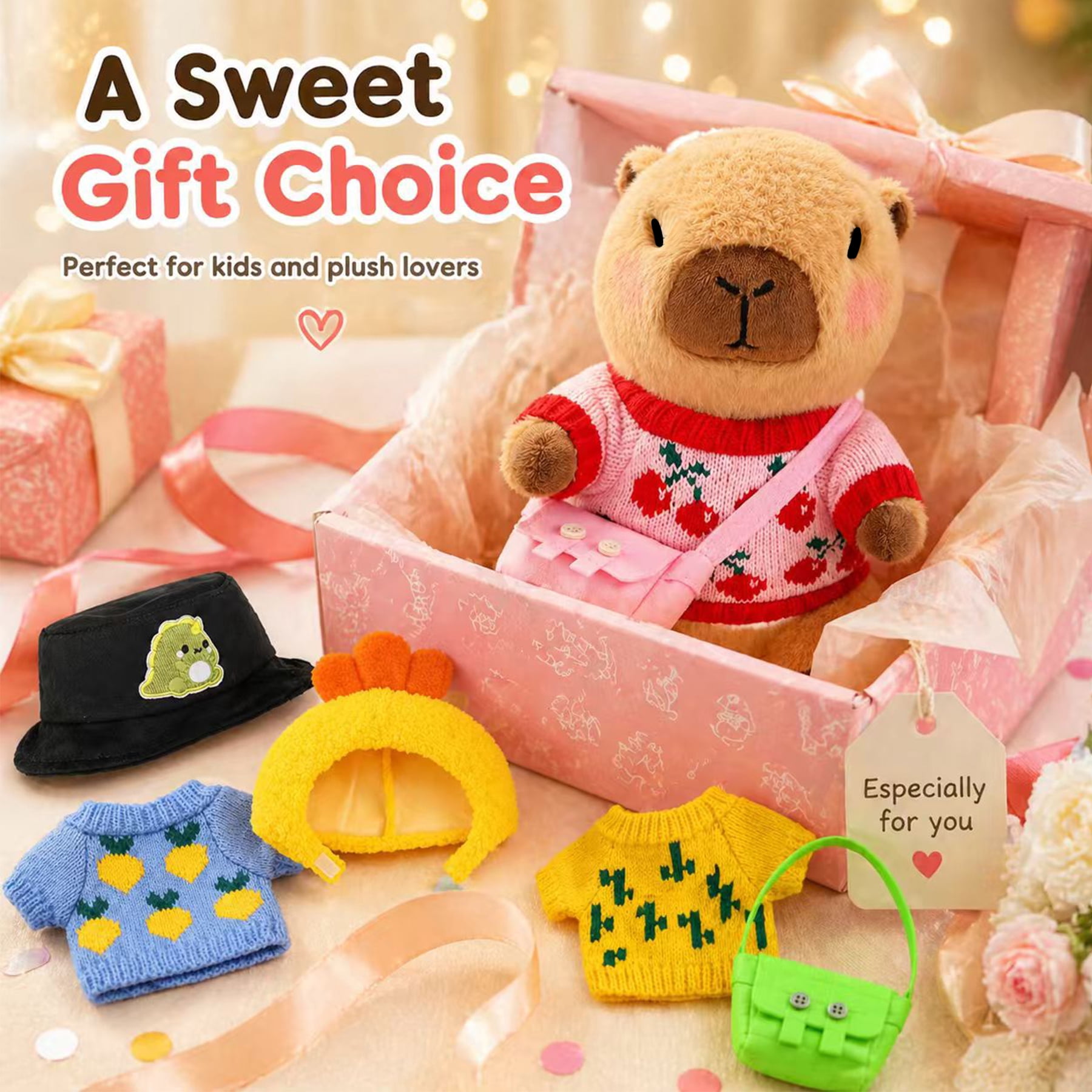 10.2 Inch Capybara Plush with 9 Clothes & Accessories, Dress-Up Capybara Stuffed Animal with 4 Sweaters, 2 Hats & 3 Bags, Cute Plush Toy Gift for Girls Boys Kids Birthday Christmas
