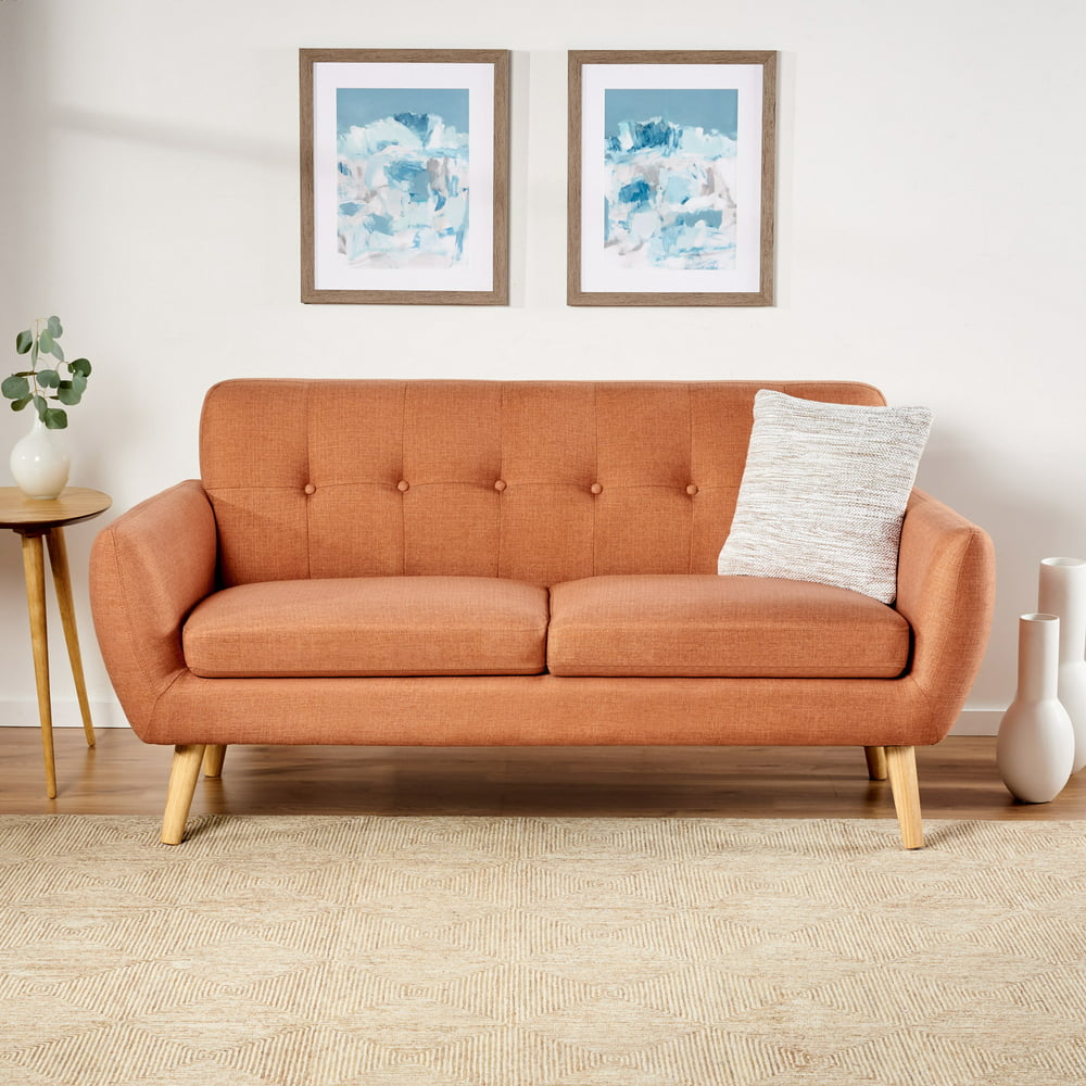 Noble House Mid Century Modern Petite Fabric Sofa Orange  Walmart com  