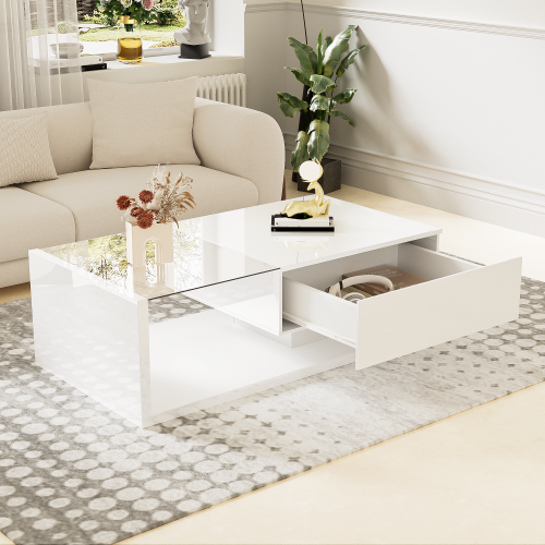 41.5 in Coffee Table with Glass and LED Effect High-Gloss White Side Tables