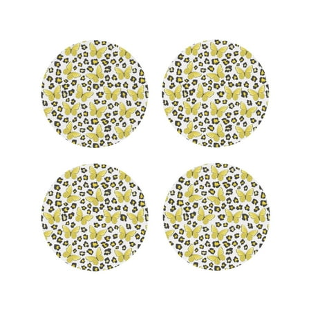 

Tebeau Leopard And Butterfly Print Set of 4 Leather Drink Coasters Round Cup Mat Pad for Home and Kitchen Use 4 -Round Shape