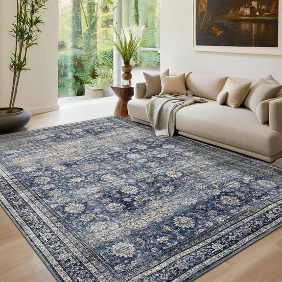 Towallmark Area Rugs, 8x10 Washable Non Slip Rug, Low Pile Vintage Distressed Carpet, Stain Resistant Indoor Floor Mat For Living Room Bedroom Dining Room, Blue