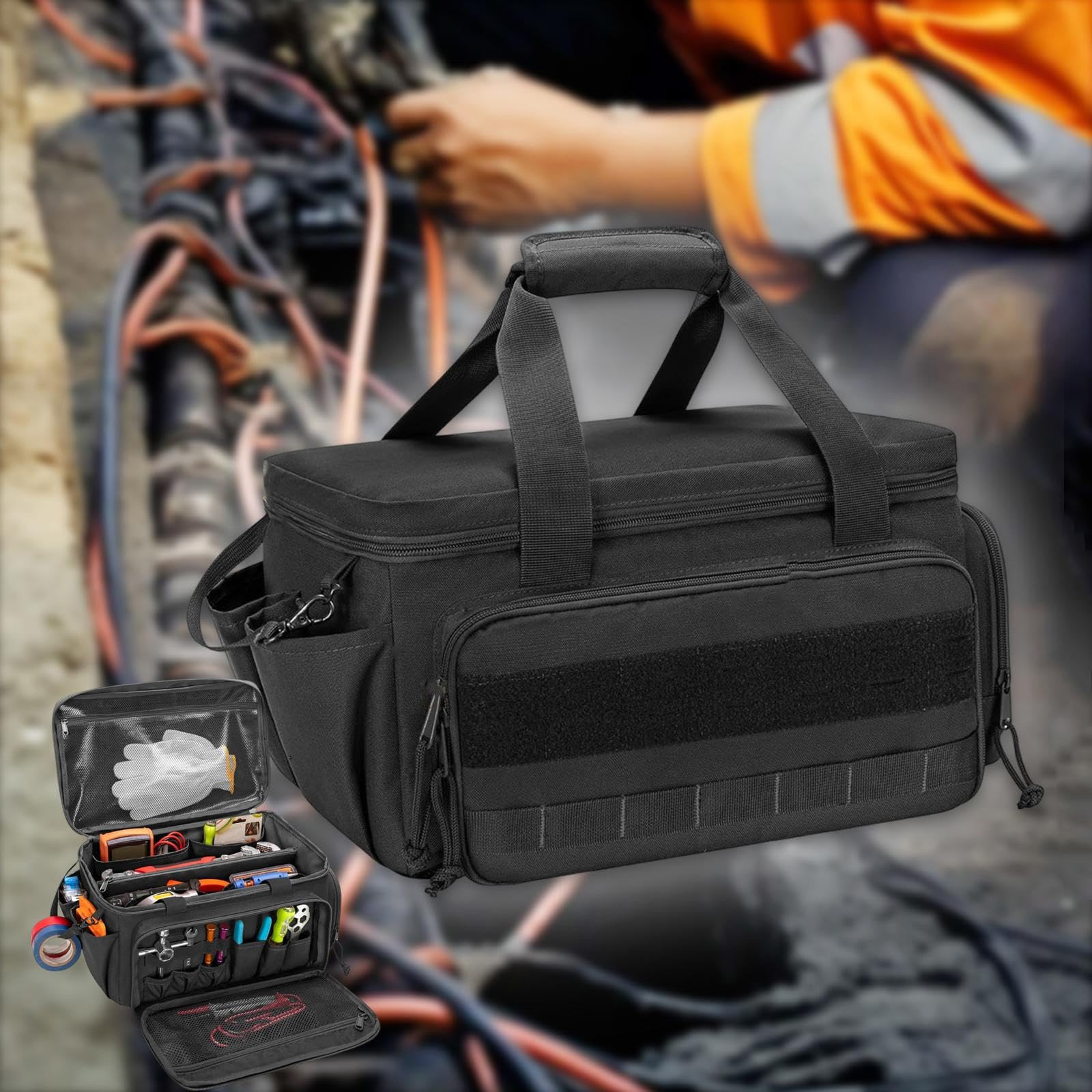 Padded Handle Tool Carry Bag With Wide Opening And Two Way Zippered Access Work Organiser with Elastic Bands