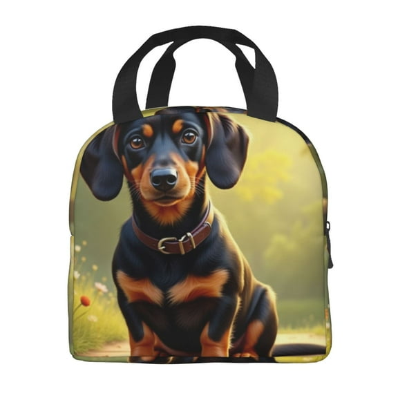 Portable Lunch Bag Insulated And Tan Dachshund Puppy In Garden Illustration Lunch Box Reusable Tote Bag Unisex for Work, Travel, Picnic, Office, Camping, Hiking, Picnic, Beach