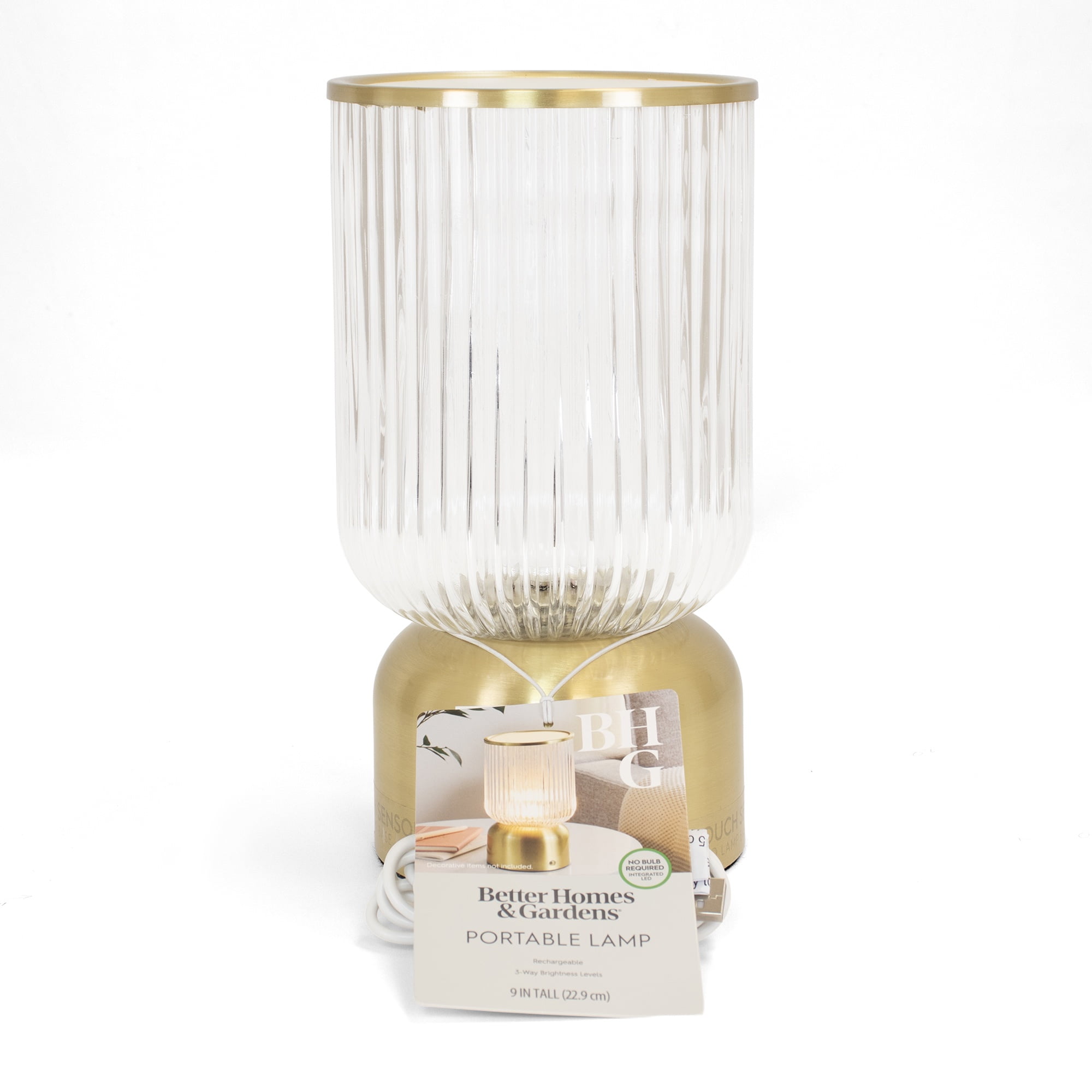 Better Homes & Gardens 9 inch Height Glass Uplight, Touch switch, USB-C Charging Cable included
