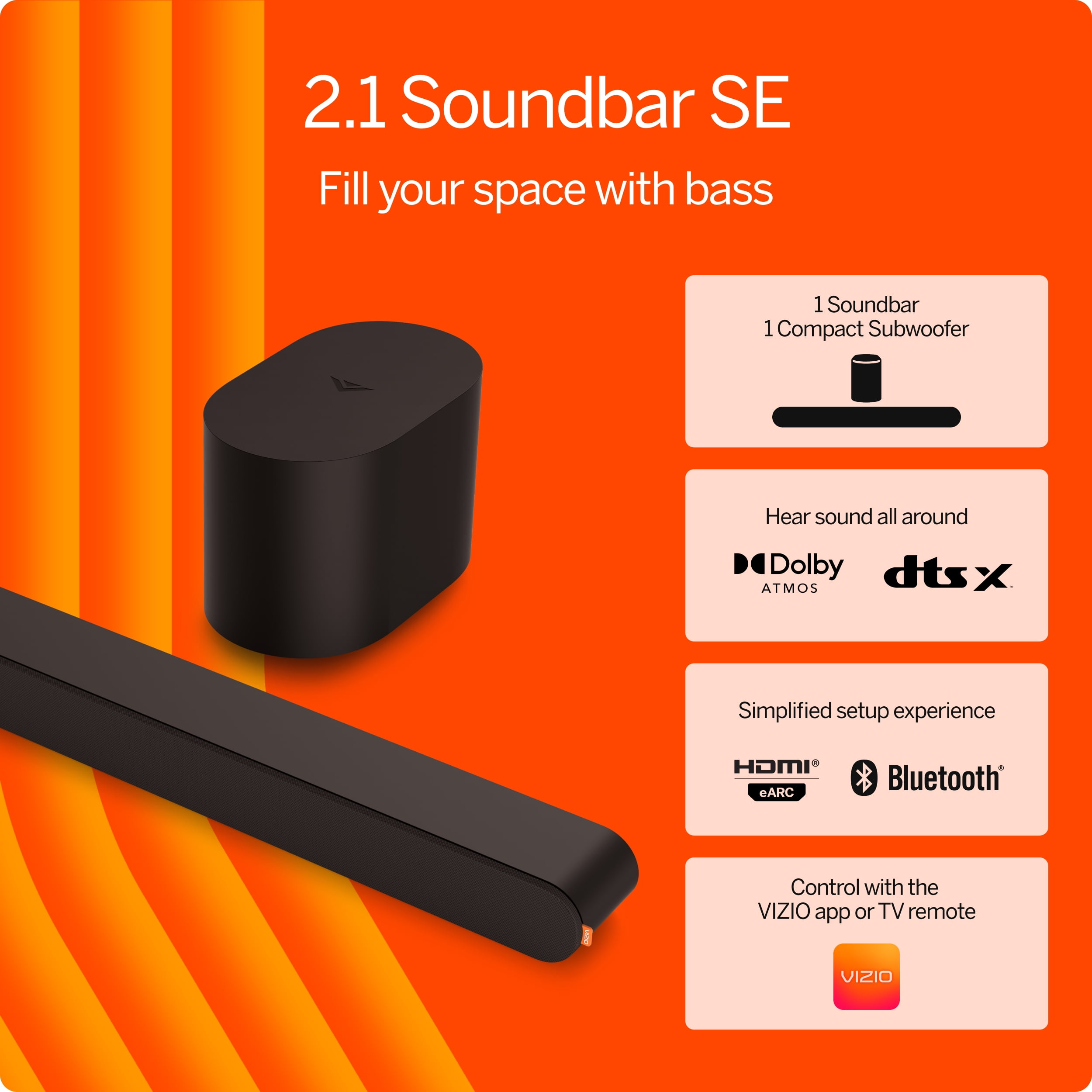 VIZIO 2.1 Soundbar SE, Wireless Subwoofer with Dolby Atmos, DTS:X, Bluetooth (V210X-08)