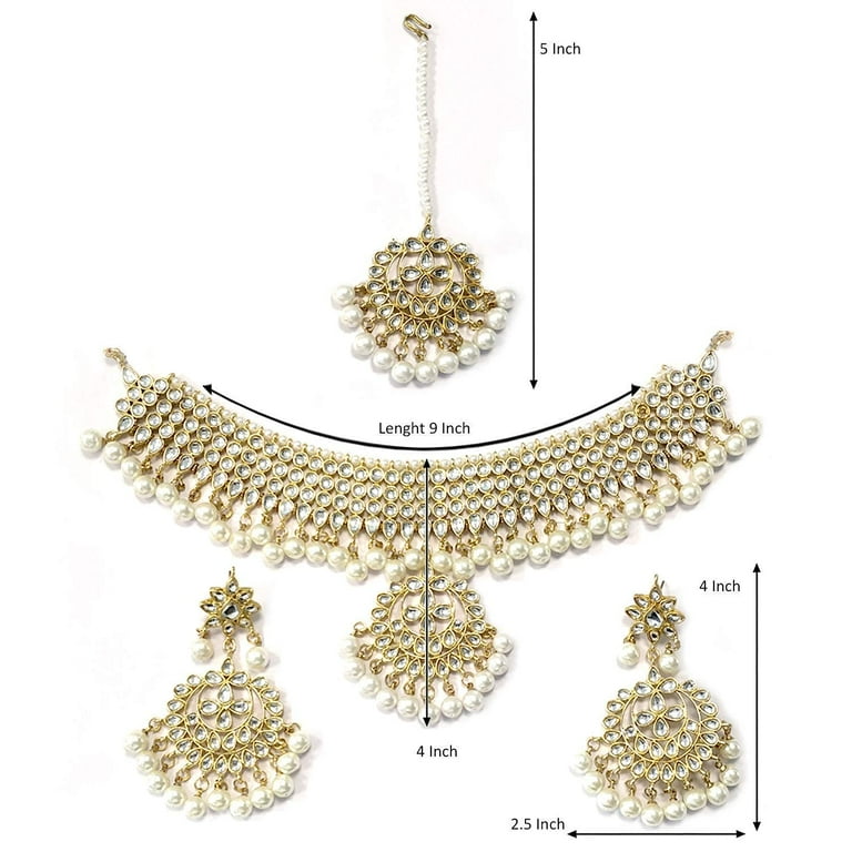 Aheli Kundan Pearl Royal Choker Necklace Set – With Chandbali Earrings & Maang Tikka, Indian Bridal Wedding Jewelry