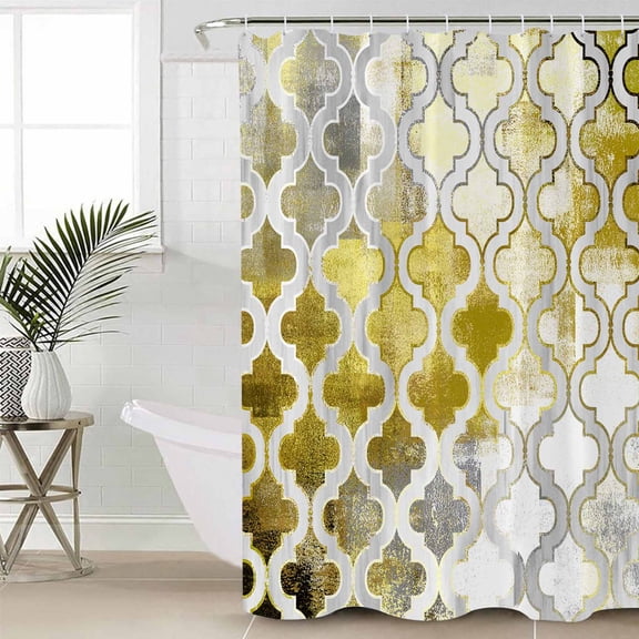Yellow Morocco Bathroom Curtain 72 Inch Shower Curtain with Hooks, Retro Grey Foil Painting Grunge Tribal Waterproof Polyester Bath Curtain Washable Bathtub Curtain 66''x 72''