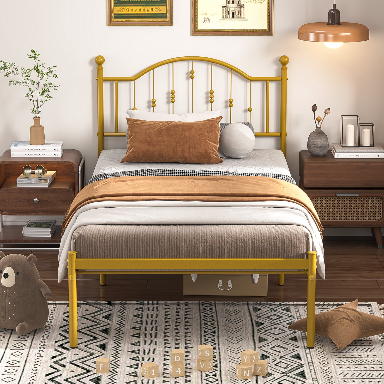 Yoneston Kids Twin Metal Platform Bed Frame with Vintage Headboard No Box Spring Need for Kids Teens, Antique Gold