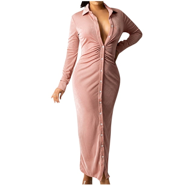 Vestido de falda larga de camisa plisada de manga larga de color sólido sexy de moda para mujer Pompotops qwe12461