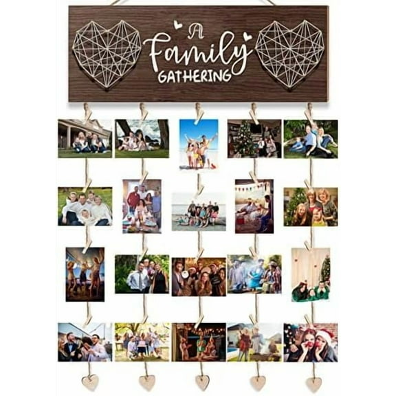 Picture Frames Collage Wall Decor, Rustic Wooden Hanging Photo Display with Clips - Holds 20 4x6 Pictures - Photo Holder for Home Decor, Gift Ideas, Family Memories, Christmas Card Holder