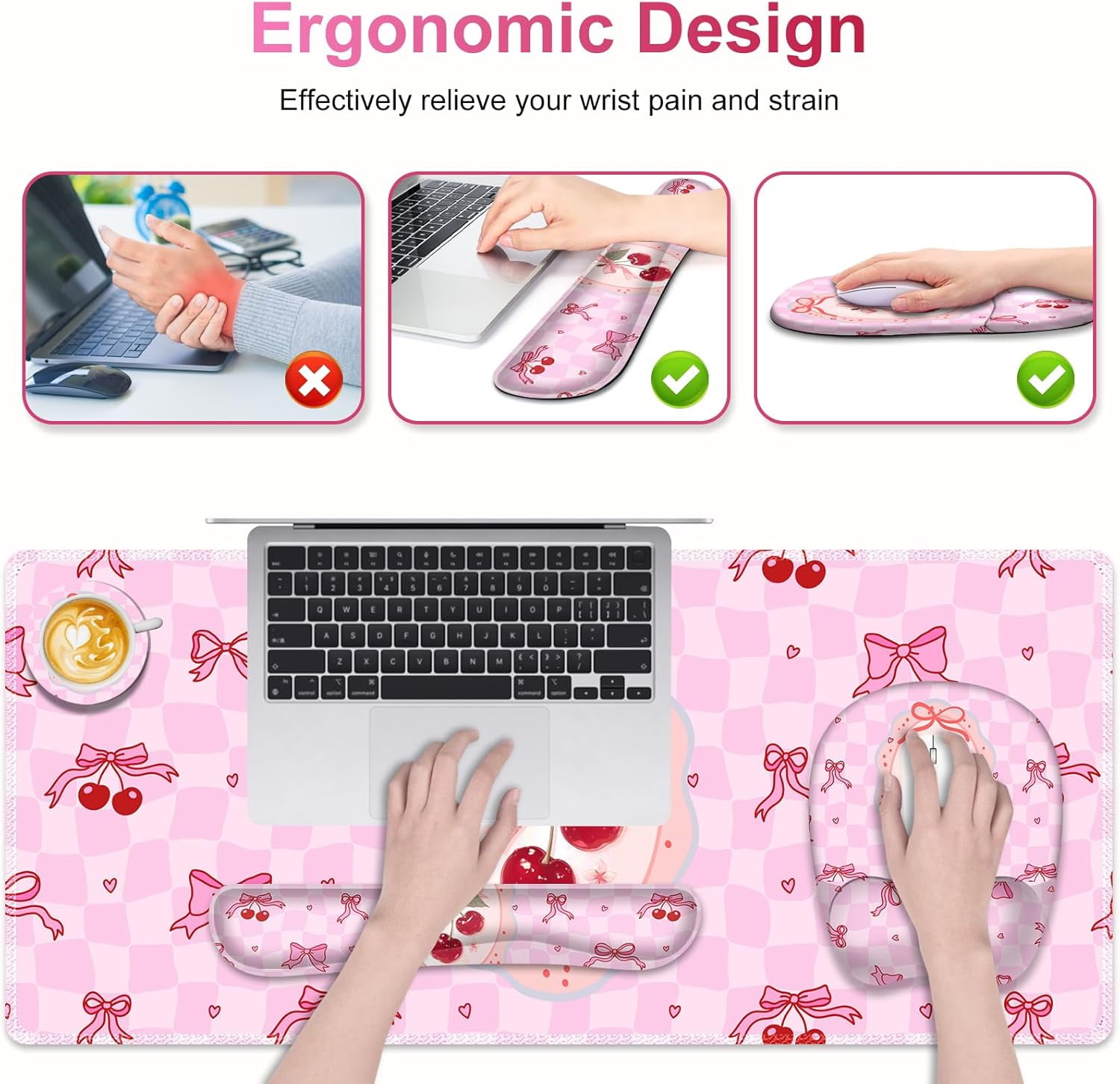 Cute Check Mouse Pad with Wrist Support 4 in1 Set, XXL Big Game Mousepad + Keyboard Wrist Rest + Mouse Wrist Rest Pad +Coaster Gaming Mat for Work Study Home Office I Pink Cherry & Bow Dream