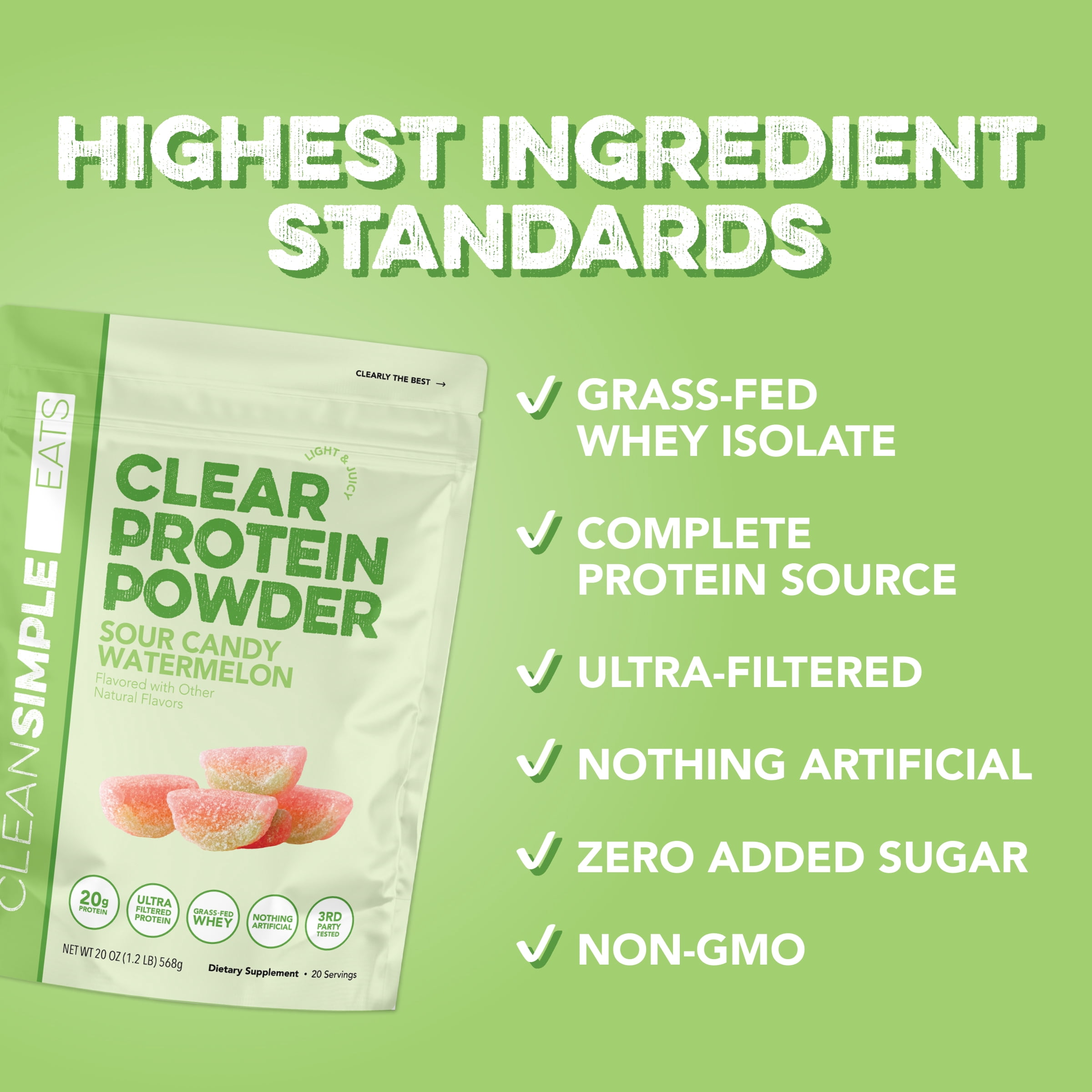Clean Simple Eats Whey Sour Candy Watermelon Clear Protein Powder, Zero Added Sugars, No Artificial Ingredients, Gluten Free, 20 servings