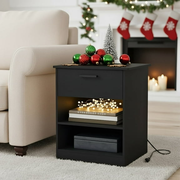 Resenkos Wood Nightstand With Charging Station, Bedside Table With Wood Drawers And Open Shelf, Night Stand With Storage For Bedroom, Black