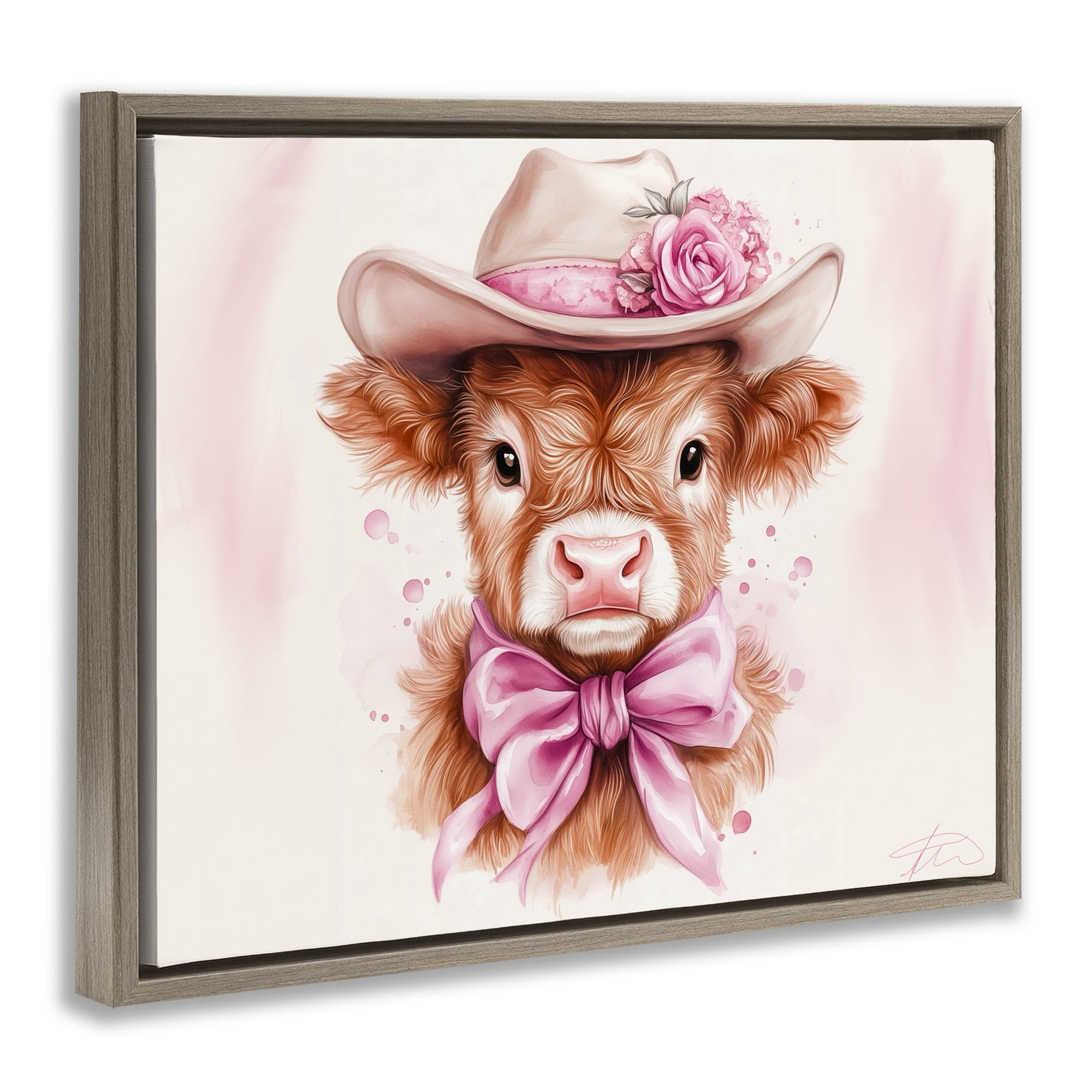 Pretty In Pink Cow Brown Framed Floater Canvas Wall Art, design by Shawna Stewart