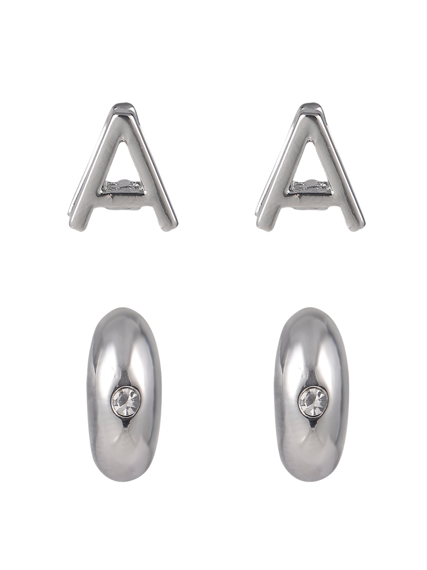 Time and Tru Silvertone 3-On Crystal Stud, Hoop, Initial "A" Earring Set