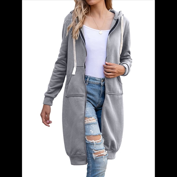 Sudadera con Capucha y Cremallera para Mujer, Chaqueta Informal de Larga para Otoño, Chaquetas Largas de Otoño con Bolsillos, Túnica Gris L