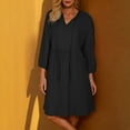thumbnail image 2 of Busydd Dresses for Women Casual 3/4 Length Sleeve Sundresses for Women V Neck Drawstring Summer Dress Fashion Solid Color Pleated Knee Length Dress with Pockets Black 2XL, 2 of 9