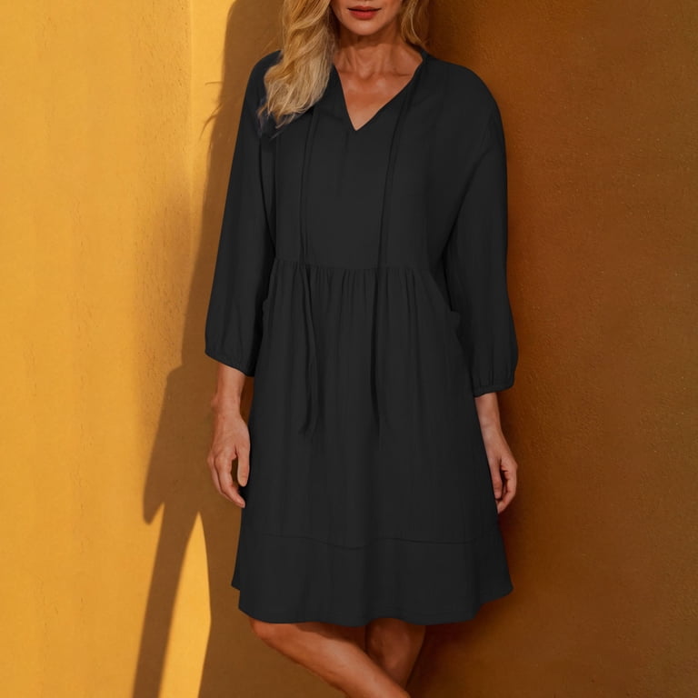 Busydd Dresses for Women Casual 3/4 Length Sleeve Sundresses for Women V  Neck Drawstring Summer Dress Fashion Solid Color Pleated Knee Length Dress  with Pockets Black L - Walmart.com