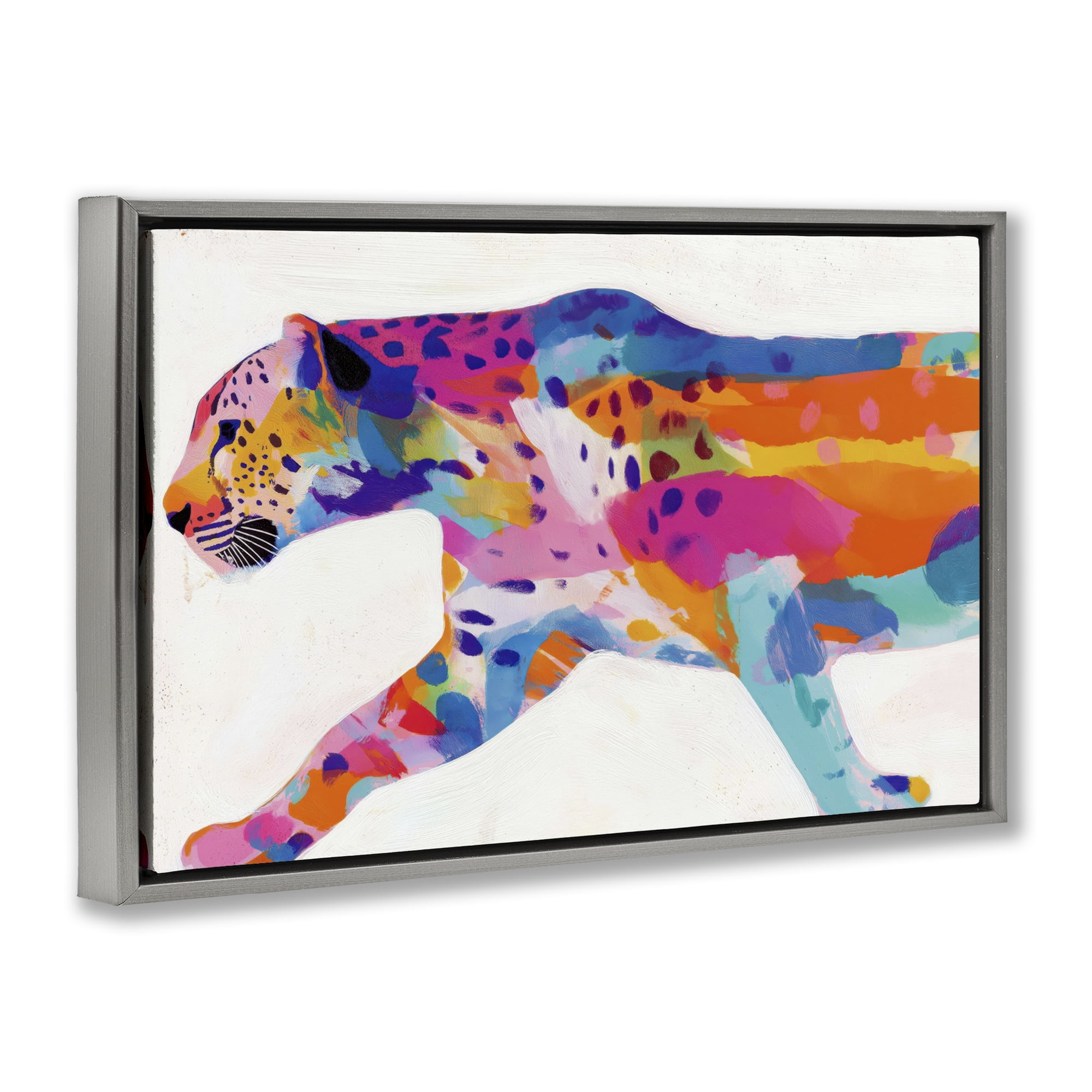Stupell Industries Vibrant Hued Cheetah In Motion Gray Framed Floater Canvas Wall Art, design by Chromatic Storm Studio