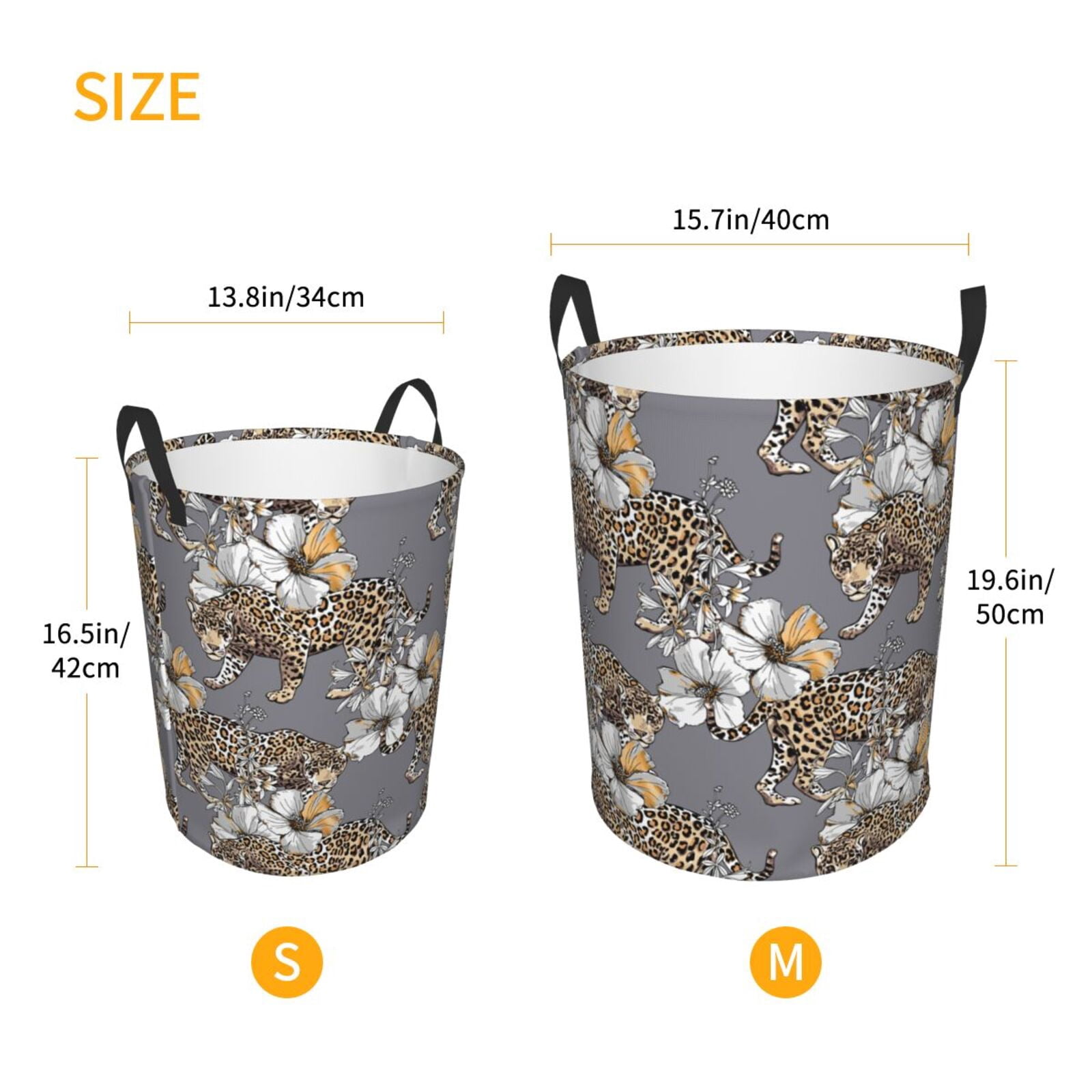 Large Laundry Basket with Handles - leopard Gold Hibiscus floral grey Kids Baby Dirty Clothes Laundry Hamper for Bedroom Aesthetic