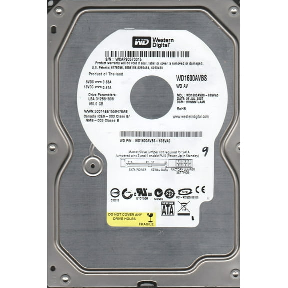 WD1600AVBS-63SVA0, DCM HHNNNTJAAN, Western Digital 160GB SATA 3.5 Hard Drive