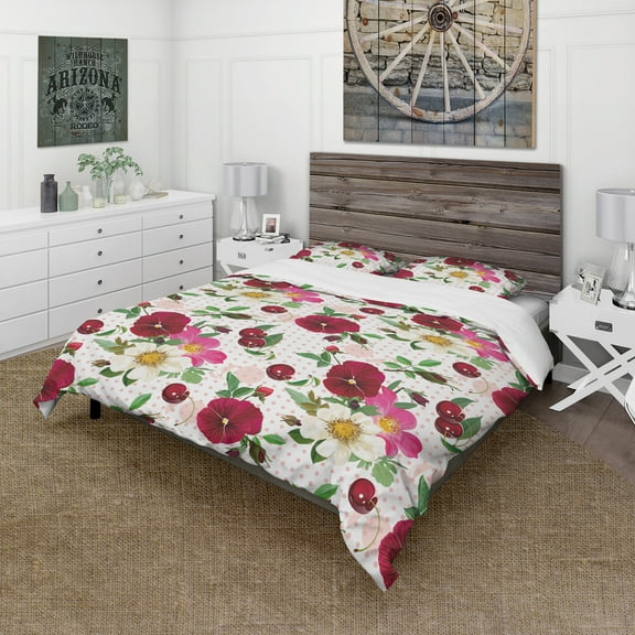 Designart 'Pansies, Cherries and Roses on Pink Dotted Background' Abstract Duvet Cover Set