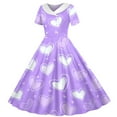thumbnail image 5 of Fesfesfes Valentines Day Girls Twirly Skater Dress A Line Short Sleeve Stretch Dress for Summer Button Down Collar Dress Elastic Waist Elegant Floral Print Party Dress for Kids (Purple#5,13-14 Years), 5 of 6