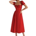 thumbnail image 1 of ZAXARRA Robe Longue d'Été pour Femmes Couleur Unie Manches Courtes Col Carré Froncée Robe de Soirée, 1 of 9