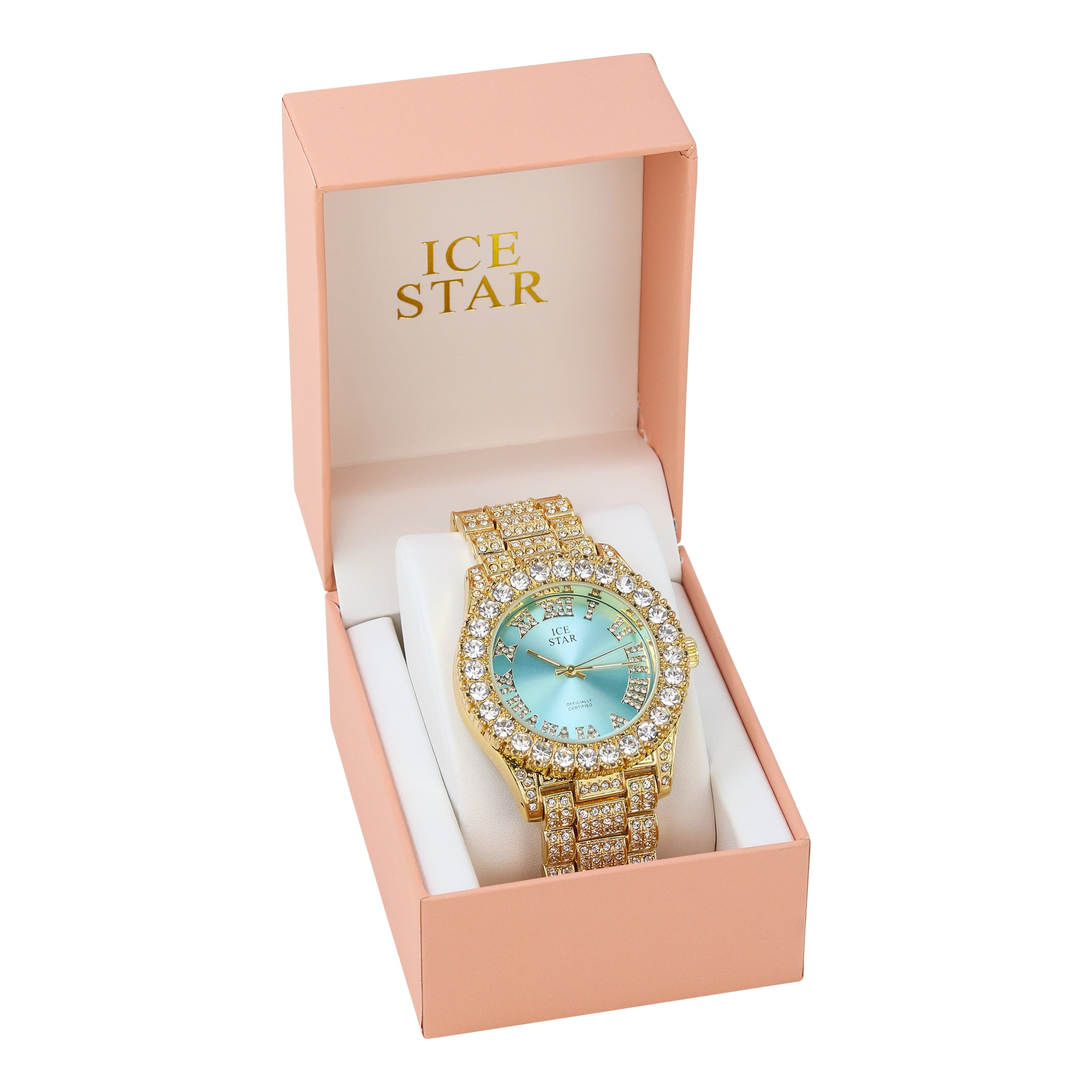 Women's 44mm Solitaire Bezel Watch - Bling-ed Out Adjustable Band - 14k Gold Tone Finish with Ravishing Crystals - Simulated Diamond Watch with Roman Dial