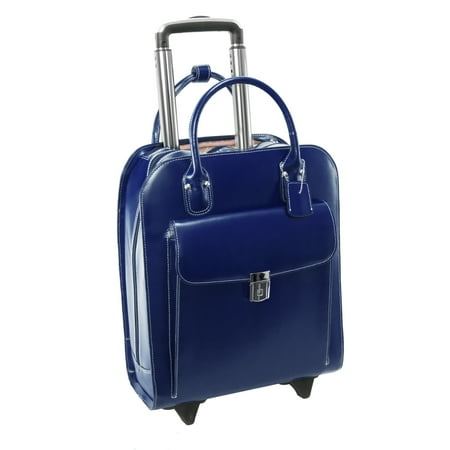 Leather Wheeled Laptop Briefcase - McKlein UPTOWN, Vertical Wheeled Ladies' Laptop Briefcase, Top Grain Cowhide Leather, Navy (97697)