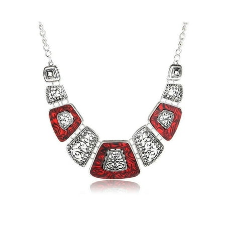 Red Shell Jewelry Novadab Ruby Marble Bohemian Art Statement Red Silver Plated Modern Women Jewelry Necklace ()