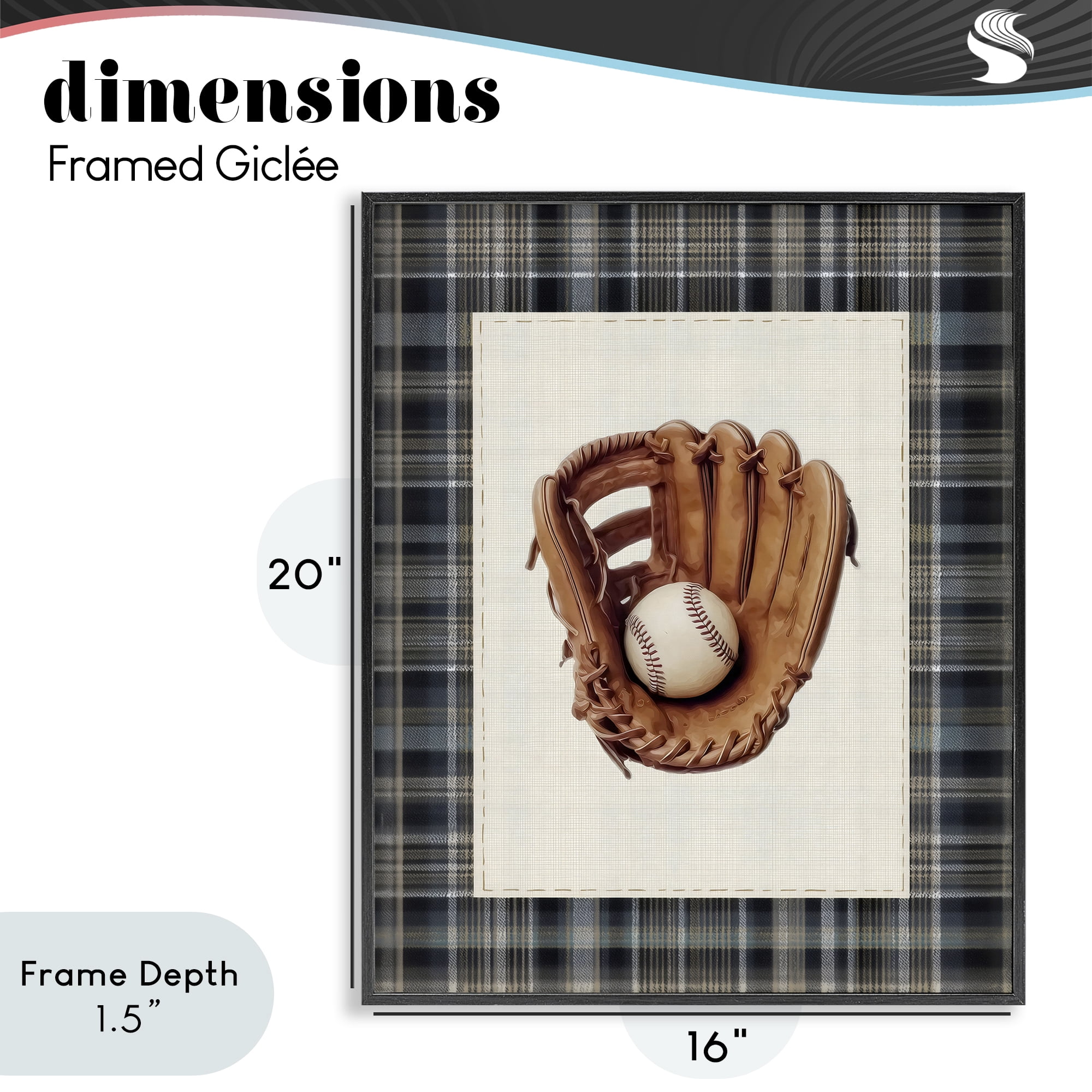 Stupell Industries Baseball Glove with Plaid Black Framed Giclee Art, design by Arlington Prints