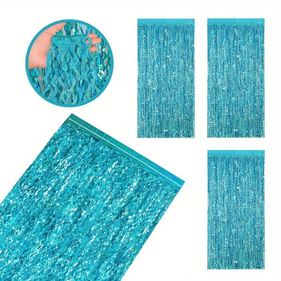 Foil Fringe Curtains, 4 Pack Teal Aqua Blue Wavy Fringe Curtains for Party Decorations, 3.3x6.6 Ft Sparkle Backdrop for Birthday, Christmas, Photo Booth Wall Decor