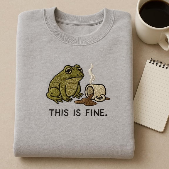 This Is Fine Embroidered Sweatshirt, Funny Frog Coffee Crewneck, Everything Is Fine Meme Jumper, Sarcastic Mental Health Gift