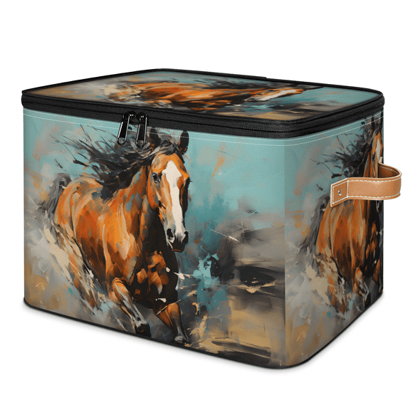 CURLYOOT Horse Print Storage Bin with Zipper Lid, Fabric Decorative Lidded Storage Baskets Boxes, Foldable Organizer Container Basket for Bedroom Closet Shelf