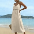 thumbnail image 7 of fheaev Women's Maxi Dress Linen Spaghetti Strap V Neck Lace Trim Sleeveless for Beach Vacation Beige L, 7 of 7