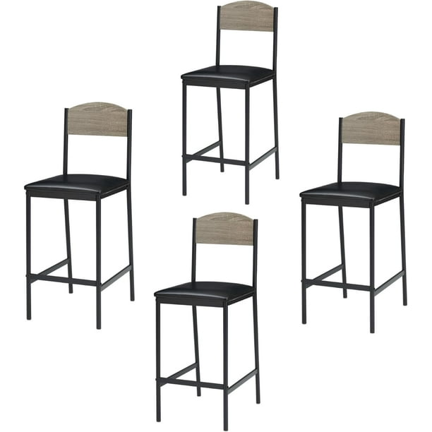 Silla de Bar Alta con Respaldo Curvo - Tapizado en Piel Sintética, 300 lbs Capacidad, Marco de Metal, Gris, 4 sillas